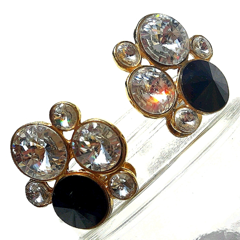 Vintage Art Deco Geometrics Earrings Big Round Baguettes Crystals Black Clear